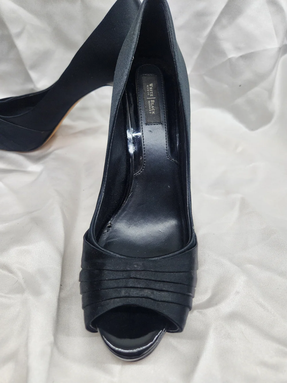 White House Black Market Black Peep-Toe Pleated Satin Heels